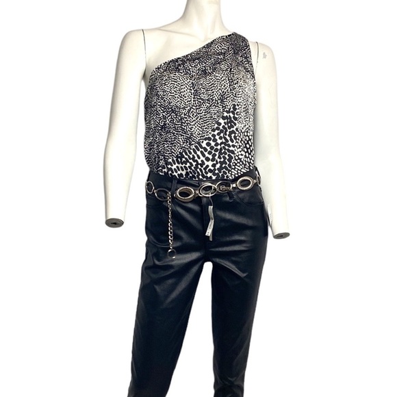 Express One Shoulder Chita Type Print Black and Ivory Thong Bodysuit Size Small - Picture 5 of 9